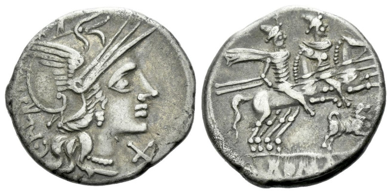 Dog Series Denarius circa 206-109,, AR 19.10 mm., 3.80 g.
Helmeted head of Roma...