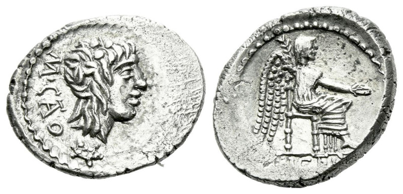 M. Cato. Quinarius circa 89, AR 14.40 mm., 2.20 g.
M·CATO Ivy-wreathed head of ...