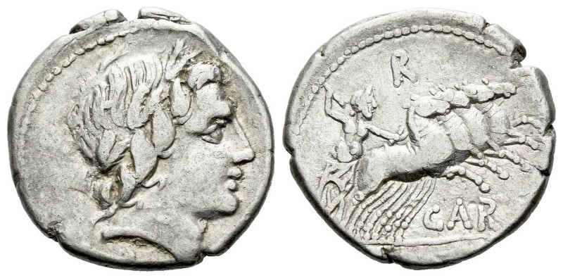 Gar, Ogul, Ver. Denarius circa 86, AR 18.60 mm., 3.97 g.
Head of Apollo r., wea...