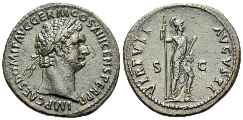 Domitian, 81-96 As Rome 88-89, Æ 27.00 mm., 7.45 g.
Laureate head r. Rev. Virtu...