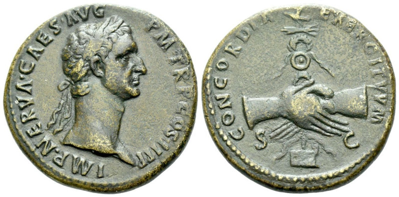 Nerva, 96-98 Sestertius Rome circa 96, Æ 33.00 mm., 22.54 g.
IMP NERVA CAES AVG...