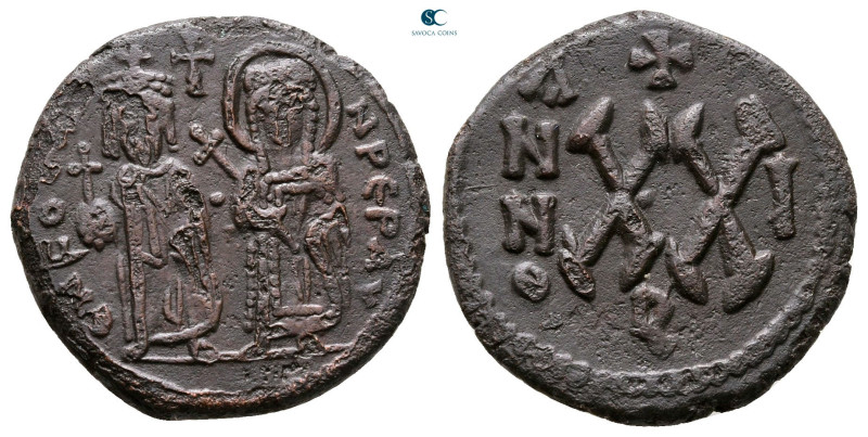 Phocas, with Leontia AD 602-610. Theoupolis (Antioch)
Half Follis or 20 Nummi Æ...