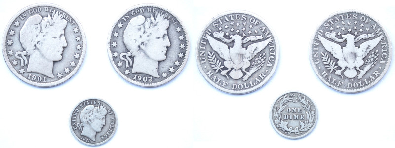 Monete Estere. USA. Lotto di 3 Pezzi. Mezzo Dollaro Barber 1901, 1902 O, Dime 19...