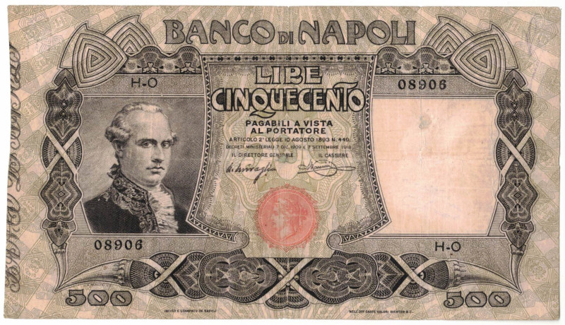 Cartamoneta. Banco di Napoli. 500 Lire. Filangieri. D.M. 07-09-1918. Gig.BN15h. ...