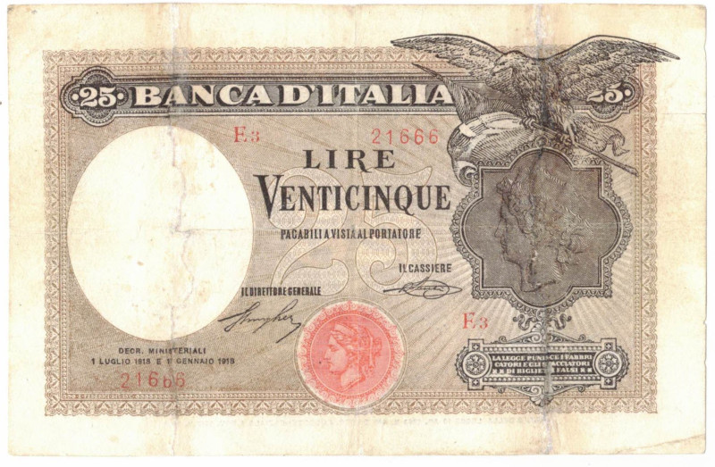 Cartamoneta. Regno d'Italia. Vittorio Emanuele III. 25 Lire Aquila Latina. D.M. ...