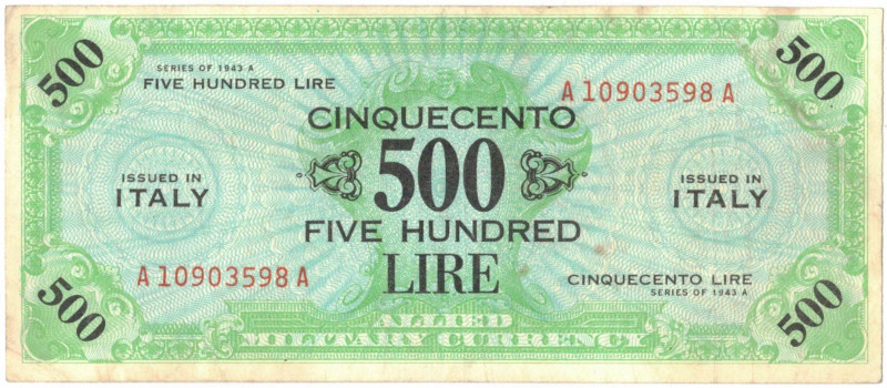 Cartamoneta. Occupazione Americana in Italia. 500 Am lire 1943 A. Gig. AM13A. BB...