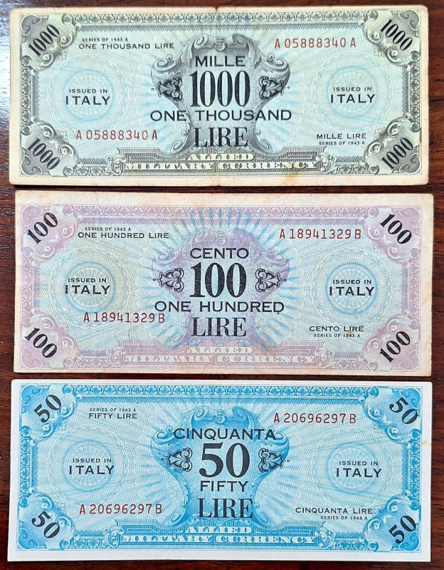 Cartamoneta. Occupazione Americana in Italia. Lotto costituito da 3 Biglietti di...