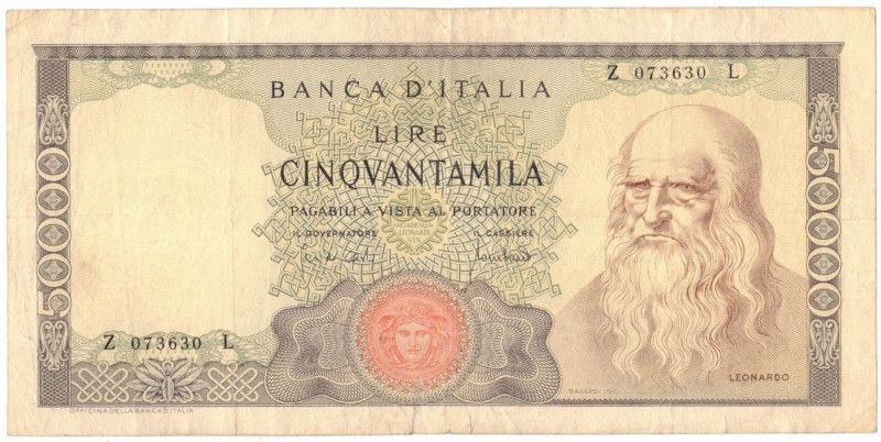 Cartamoneta. Repubblica Italiana. 50.000 Lire Leonardo. D.M. 19-07-1970. Gig.BI7...