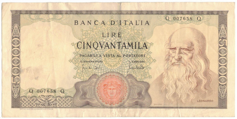 Cartamoneta. Repubblica Italiana. 50.000 Lire Leonardo. D.M. 19-07-1970. Gig.BI7...