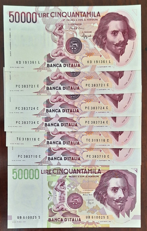 Cartamoneta. Repubblica Italiana. Lotto di 7 Biglietti. 50.000 Lire Bernini 1° T...