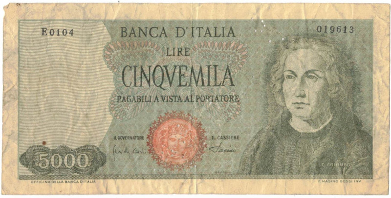 Cartamoneta. Repubblica Italiana. 5.000 Lire Colombo 1° Tipo. Falso d'Epoca. D.M...