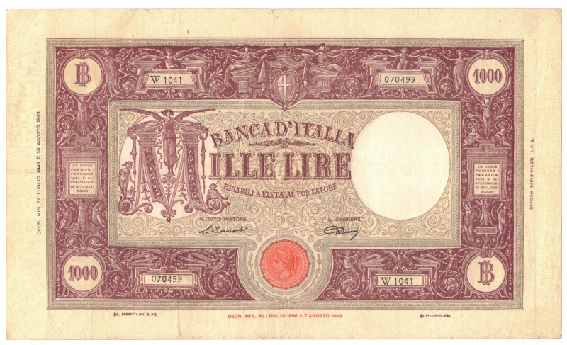 Cartamoneta. Repubblica Italiana. 1.000 Lire Grande M. BI. D.M. 22-07-1946. Gig....