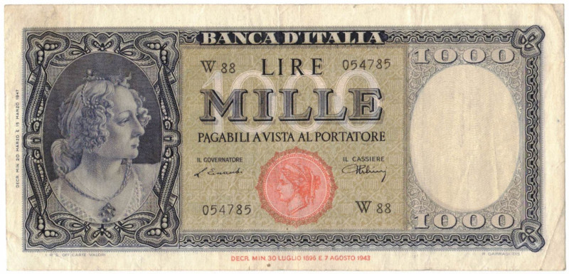 Cartamoneta. Repubblica Italiana. 1.000 Lire Italia Ornata di Perle. (Testina). ...