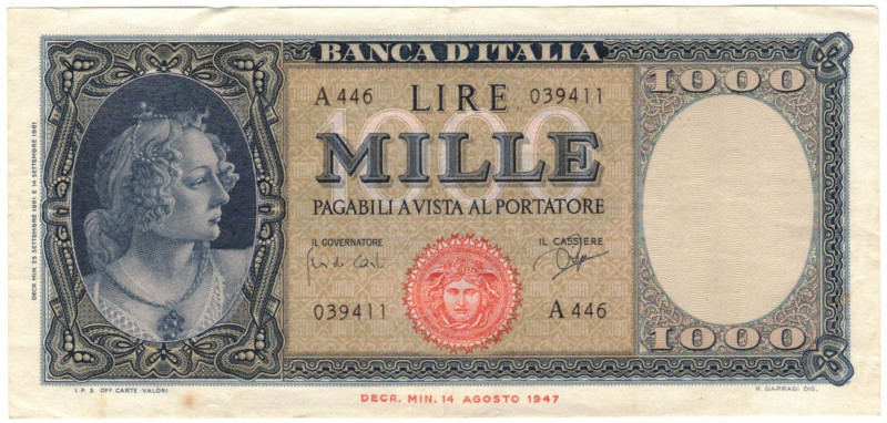 Cartamoneta. Repubblica Italiana. 1.000 Lire Italia Ornata di Perle. D.M. 25-09-...