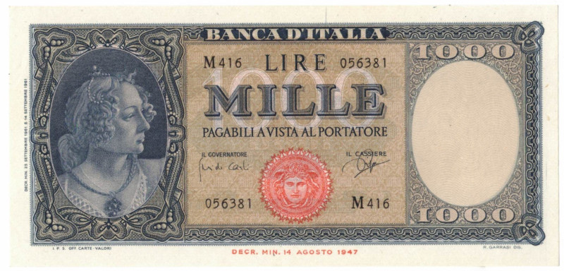 Cartamoneta. Repubblica Italiana. 1.000 Lire Italia Ornata di Perle. Medusa. D.M...