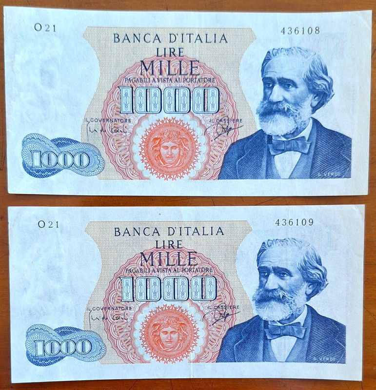 Cartamoneta. Repubblica Italiana. Lotto di 2 Biglietti. 1.000 Lire Verdi 1°Tipo....