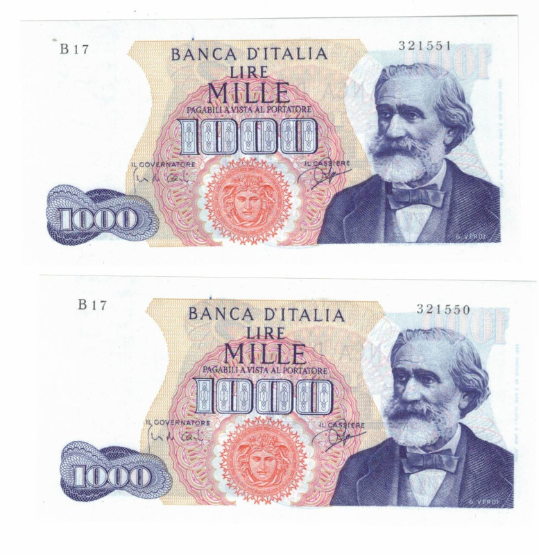 Cartamoneta. Repubblica Italiana. 1.000 Lire Giuseppe Verdi. Lotto di 2 Pezzi Co...