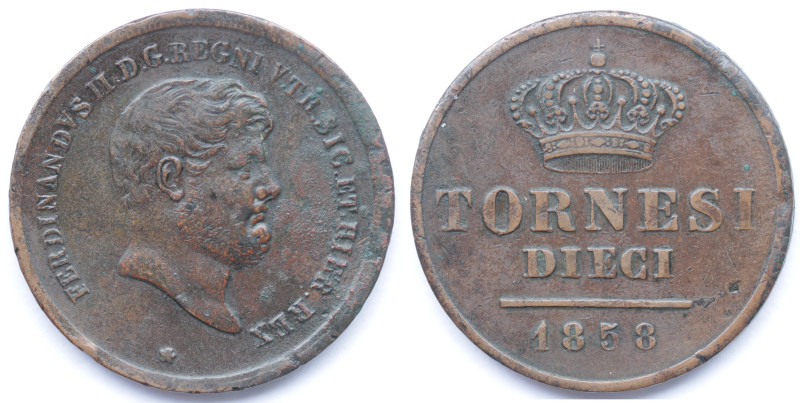 Zecche Italiane. Napoli. Ferdinando II. 1830-1859. 10 Tornesi 1858 A capovolte a...