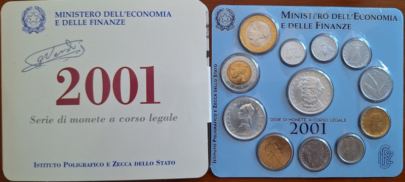 Repubblica Italiana. Serie Divisionale 2001. 12 valori con 500 lire e 1000 Lire ...