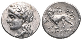IONIA. Miletos.(Circa 353-323 BC). Drachm.

Obv : Laureate head of Apollo left.

Rev : MHTPOΔΩΡΟΣ.
Lion standing left, head right; star above, monogra...