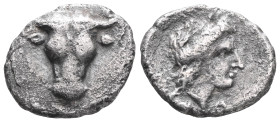 Greek CoinsPHOKIS. Federal Coinage. Triobol (Circa 352-351 BC). Phayllos, strategos.Obv: Facing boukranion.Rev: Φ - Ω.Laureate head of Apollo right; c...