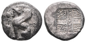 Chios (BC 412-334) Drachm ca 375-350 BC. AR Drachm . Demophanes, magistrate. Spinx seated left; before, grapes above amphora / Cross formed of two ove...