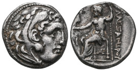 Kings of Macedon. Lampsakos. Antigonos I Monophthalmos 320-301 BC. In the name and types of Alexander III, circa 310-301 B
Drachm AR
Head of Herakles ...