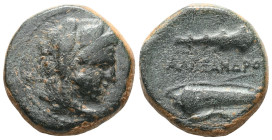 Greek
 Kings of Macedon, Alexander III the Great (336-323 BC) AE quarter unit (Bronze) Lifetime issue of Western Asia Minor Macedonian Bronzes.
Obv: H...