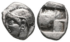 Greek Obols
IONIA. Phokaia. Circa 521-478 BC.AR Diobol. Head of a nymph to left, wearing a sakkos adorned with a central band and circular earring / Q...
