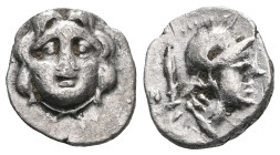 Greek
Pisidia, Selge Obol (Silver). ca 350-300 BC. Pisidia, Selge Obol . ca 350-300 BC.
Obv: Facing gorgoneion.
Rev. Head of Athena to right, wearing ...
