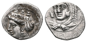 CILICIA, Uncertain. 4th century BC. AR Obol . Draped bust, wearing satrapal headdress, facing slightly left; star to left / Crowned and draped female ...
