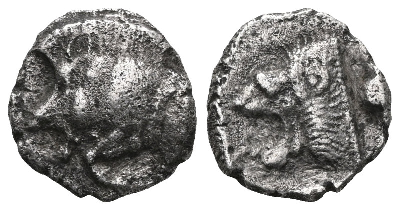 MYSIA, Kyzikos. Circa 450-400 BC. AR Obol . Forepart of boar left, retrograde E ...