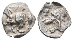 MYSIA, Kyzikos. Circa 450-400 BC. AR Obol . Forepart of boar left, retrograde E on shoulder; to right, tunny upward / Head of lion left within incuse ...