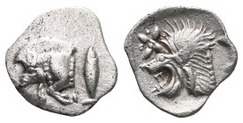 MYSIA, Kyzikos. Circa 450-400 BC. AR Obol . Forepart of boar left, retrograde E on shoulder; to right, tunny upward / Head of lion left within incuse ...