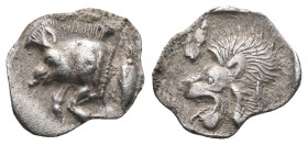 MYSIA, Kyzikos. Circa 450-400 BC. AR Obol . Forepart of boar left, retrograde E on shoulder; to right, tunny upward / Head of lion left within incuse ...