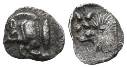 MYSIA, Kyzikos. Circa 450-400 BC. AR Obol . Forepart of boar left, retrograde E on shoulder; to right, tunny upward / Head of lion left within incuse ...
