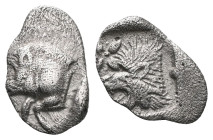 MYSIA, Kyzikos. Circa 450-400 BC. AR Obol . Forepart of boar left, retrograde E on shoulder; to right, tunny upward / Head of lion left within incuse ...