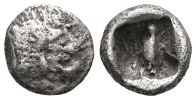 Greek
Karia, uncertain mint AR Hemiobol or Tetartemorion. Circa 5th century BC. Forepart of roaring lion to right / Uncertain design within incuse squ...