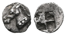 Greek
Aeolis. Kyme 520-470 BC.
Hemiobol AR
Head of bridled horse left / Incuse square punch.Very Fine