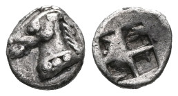 Greek
Aeolis. Kyme 520-470 BC.
Hemiobol AR
Head of bridled horse left / Incuse square punch.