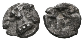Greek
Aeolis. Kyme 520-470 BC.
Hemiobol AR
Head of bridled horse left / Incuse square punch.Very Fine