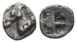 Greek
Aeolis. Kyme 520-470 BC.
Hemiobol AR
Head of bridled horse left / Incuse square punch.Very Fine