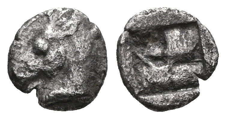 Greek Aeolis. Kyme 520-470 BC. Hemiobol AR Head of bridled horse left / Incuse s...