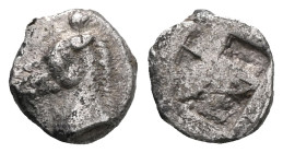 Greek
Aeolis. Kyme 520-470 BC.
Hemiobol AR
Head of bridled horse left / Incuse square punch.Very Fine