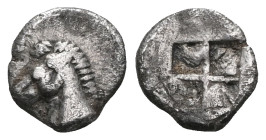 Greek
Aeolis. Kyme 520-470 BC.
Hemiobol AR
Head of bridled horse left / Incuse square punch.Very Fine