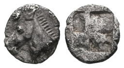 Greek
Aeolis. Kyme 520-470 BC.
Hemiobol AR
Head of bridled horse left / Incuse square punch.Very Fine