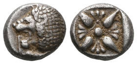 Miletus
Obol circa 500-494, AR . Forepart of lion r., head looking backwards, with open jaws and tongue protrudring. Rev. Floral pattern in incuse squ...