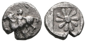 IONIA. Erythrae. Ca. 480-450 BC. AR obol . NGC VF. Nude athlete standing left, holding bridle of horse prancing left behind / Flower of ten petals wit...