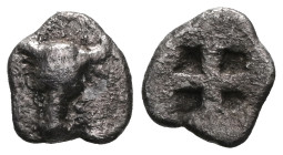 Troas, Lamponeia AR Hemiobol.
Troas, Lamponeia AR Hemiobol. 4th C. BC. Bull’s head facing / Four-part incuse square. Very Fine