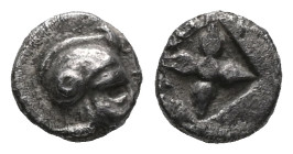 TROAS, Kolone(?). 5th century BC. AR Hemiobol. Helmeted head (of Athena?) right / Stellate pattern within incuse square
